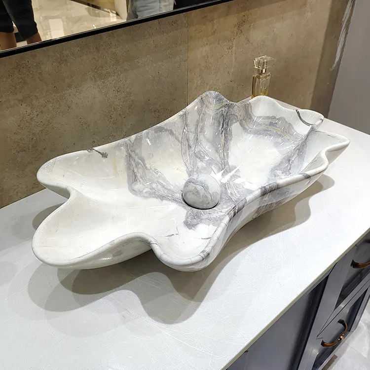 Lavabo de salle de bains en céramique, forme irrégulière, vasque de luxe Unique, en Grain de pierre, en marbre blanc