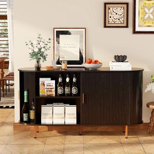 Buffet moderne à côtés cannelés avec rangement, table <span class=keywords><strong>console</strong></span> multifonctionnelle pour salon, <span class=keywords><strong>bar</strong></span> à café, porte en bois massif - Product Image 5