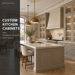 Meubles de cuisine MoShang Custom <span class=keywords><strong>Paris</strong></span> Classic, armoires vert sauge, portes en verre style Shaker, poignées en laiton, marbre. - Product Image 1