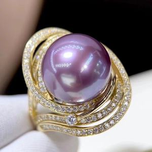 Anillo de Perlas Naturales Púrpuras Wenchi de 12-13 mm, Casi Perfectas, con Incrustaciones de Oro de 18K y Baño de Plata, que Conserva la Personalidad y la Moda, China - Product Image 3