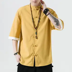 M-5XL Мужская хлопчатобумажная льняная рубашка с коротким рукавом, мужская приталенная футболка в китайском стиле с воротником-стойкой, летние топы, мужские рубашки