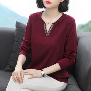 Women's Embroidered V-Neck Long Sleeve T-Shirt Blue Knitted Base <b>Layer</b> <b>Top</b> Everyday Wear - Product Image 3