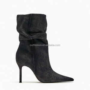 ZA haute qualité Vintage Denim Design bout pointu hiver pompes mi-mollet bottes Sexy Cowboy <span class=keywords><strong>Style</strong></span> chevalier bottes Stiletto bottes courtes - Product Image 5