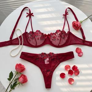 Wholesale Floral Rose Embroidery Lingerie <b>Set</b> Bow Lace Intimates <b>Sexy</b> Sheer Mesh Underwire Bra and Thong Panties <b>Set</b> 2 Piece - Product Image 2