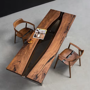 Tavoli da Pranzo in Legno Massello di Noce Nero Nordamericano con Bordo Naturale e Vetro - Product Image 1