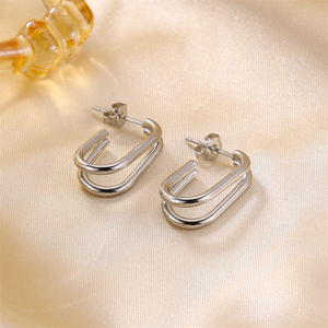 Boucles d'oreilles en acier inoxydable de style minimaliste en forme de C double couche plaquée <span class=keywords><strong>or</strong></span> - Product Image 2