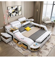 Modernes Lederbett mit Holzrahmen, weich gepolstert, multifunktional, Smart-Bett, King-Size/Queen-Size, mit Stauraum, Massage- und Audiofunktion