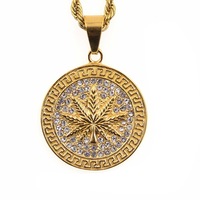 Pendentif en acier inoxydable 316L avec zircon, pendentif rond à motif grec avec feuille, pavé complet de CZ, plaqué or 18K PVD, hypoallergénique