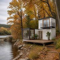 Maison d'hôtes modulaire avec design en conteneur, entrée en verre et terrasse extérieure