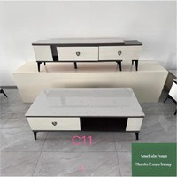 Meuble TV et Table Basse Combinés en Bois Minimaliste Moderne avec Plateau en Pierre Artificielle, Meuble de Rangement de Luxe Léger pour Salon