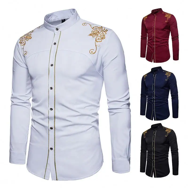 Alta calidad nueva moda hombres corte bordado manga larga botón cuello mandarín primavera Caballero blusa Formal Tops camisa Casual