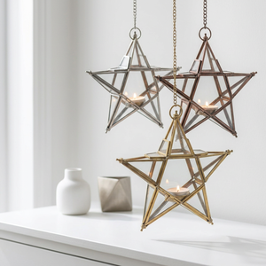 Manufacturers Glass Tea <b>Light</b> Holder <b>Stars</b> with Metal Frame for Hanging and Tabletop Decoration - Product Image 1