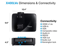 Projecteur LED Optoma X400LVe 4K, 4000 lumens, durée de vie de la lampe de 15 000 heures, haut-parleurs intégrés, utilisation portable à domicile et en entreprise