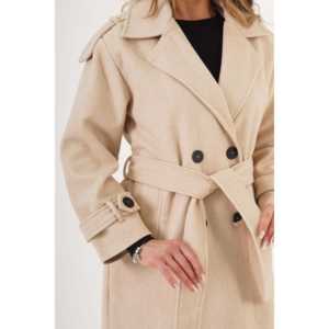 Manteau en cachemire pour femmes orné de pierres avec détail d'épaulettes et ceinture en gros - Product Image 3