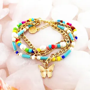 Fashion jewelry 18k gold plated acrylic pearl seed bead chain butterfly pendant bracelet for women