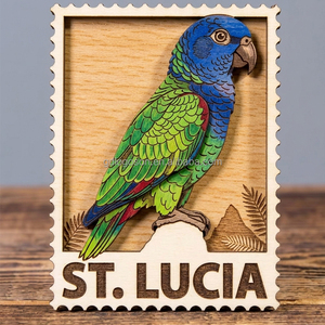 Aimant de réfrigérateur en bois personnalisé, découpé au laser, en forme de timbre, sur le thème de Oranjestad Aruba, avec flamant rose superposé, souvenir des Caraïbes, vente en gros - Product Image 2
