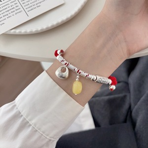 999 Pure Silver <b>Red</b> Rope Charm <b>Bracelet</b> With Natural Stone Pendant For Good Luck And Peace Unisex Everyday Wear - Product Image 2