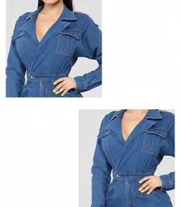 Combinaison décontractée en denim grande taille pour femmes avec manches longues barboteuses en jean respirant avec décoration de boutons - Product Image 2