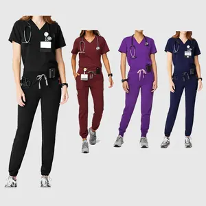 Kustom Logo elastis wanita seragam rumah sakit scrub wanita Lab medis mantel perawat scrub atasan dengan celana