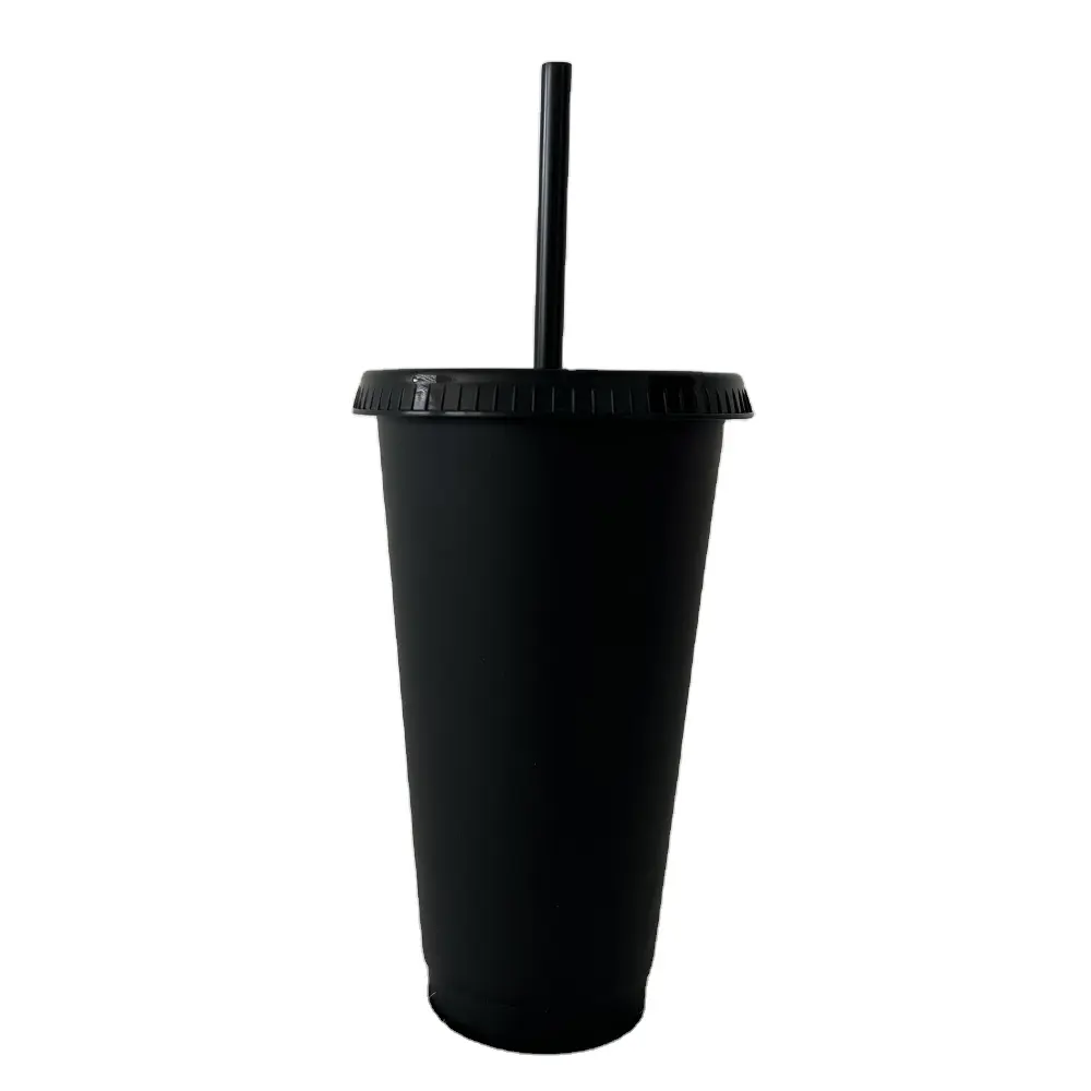 Wholesale Summer Beach Party Cold Drinks 24oz Reusable Plastic Solid Color No Color Changing Tumbler Cups with Straw