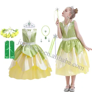 Jurebeca kostum putri Tiana untuk anak perempuan gaun katak hijau gaun anak-anak pakaian peri pesta ulang tahun Halloween mewah 3-8t