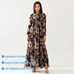 Tùy Biến Nữ Ruffles Flare Flowy Chất Lượng Cao Hoa In Nút Phía Trước O Cổ Voan Dài Tay Áo Phụ Nữ Maxi Dress - Product Image 1