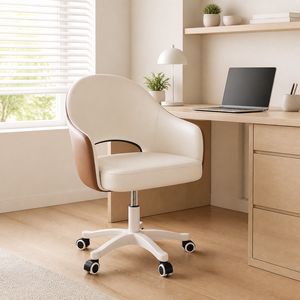 Chaise de salle à manger pivotante à dossier moyen en cuir PU avec roulettes - Chaise de bureau et de maquillage réglable (Bleu) - Product Image 1