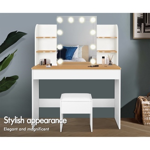 Miroir sur pied avec lampe intégrée, coiffeuse moderne, coiffeuse de chambre à panneaux en bois avec ensemble chaise - Product Image 4