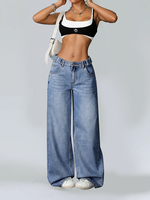 Pantalon en jean décontracté d'été pour femme, coupe ample, tissé, jambe large, délavé, longueur ras du sol, taille basse avec ceinture à trous