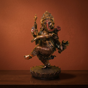 Antique Copper Finish Resin Handcrafted Dancing Ganesha <b>Statue</b> with Figures-Traditional <b>Religious</b> Home Decor Temple Altar Figure - Product Image 2