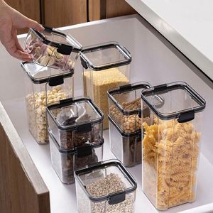 Modern Rectangle Carved Food Grade Transparent White Plastic Kitchen <b>Storage</b> Jar Buckle Seal <b>Large</b> Capacity Dishwasher Safe - Product Image 1