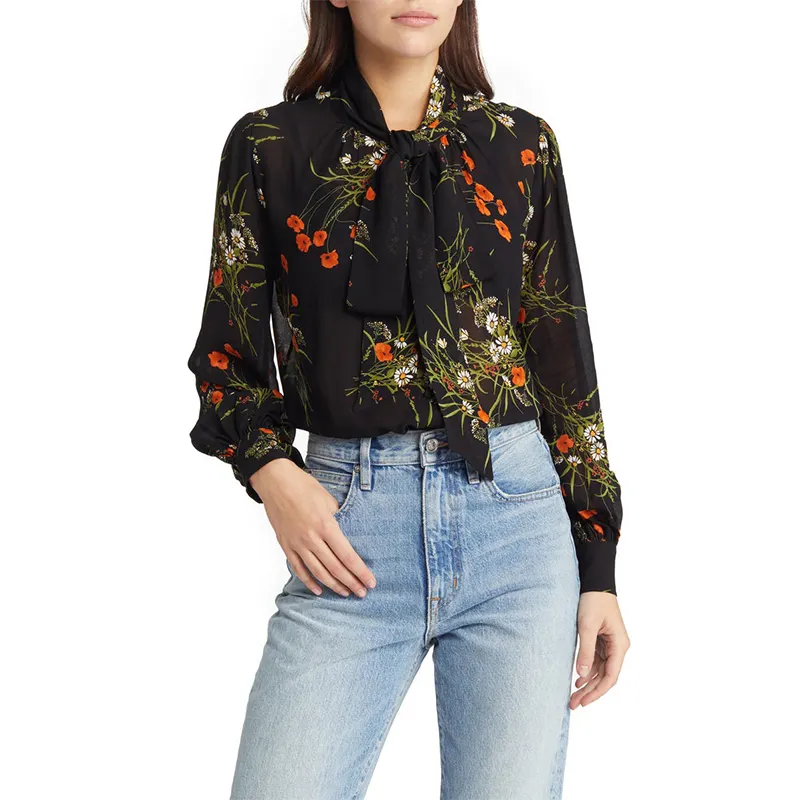 Customized High Quality Casual Ladies Tops Bow Tie Collar Long Sleeves Floral Print Chiffon Shirt Blouse For Women