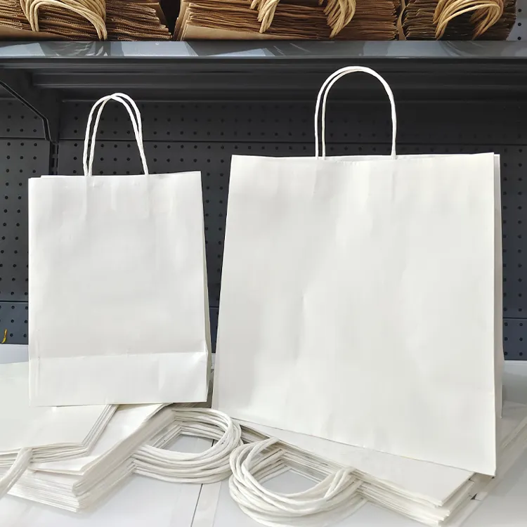Saco de papel Kraft artesanal com alças Eco Recycle logotipo personalizado impresso para levar compras embalagem Kraft marrom e branco