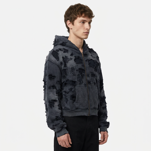 Sweat à capuche zippé oversize pour homme, 100% coton, effet délavé, tricot gaufré, streetwear personnalisé - Product Image 5