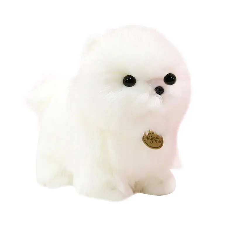 Simülasyon sevimli köpek aksiyon figürü peluş oyuncak yumuşak beyaz ayı Schnauzer ponpon yavru bebek OEM dolması göğüs plakası köpek oyuncak