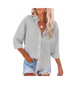 Solid color 100% cotton poplin fabric women's button-up shirt Cotton long sleeve shirt V-neck casual tunic