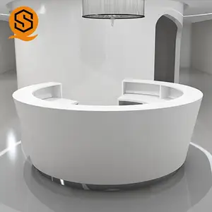 Glossy White MOQ One Piece Acrylic Soild Surface Round Large Customer Service Commercial Reception Desk Counter