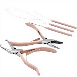 Hair Extension Tools Kit Pink Color Flat <b>Beads</b> Crimping Plier Gold Duckbill Sectioning Clips C-Shape <b>Needles</b> Wig Thread - Product Image 6