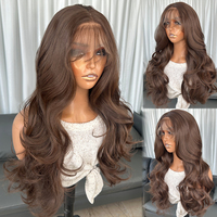 Perruque Longue Ondulée Brune en Fibre Futura, Perruque Synthétique Lace Front 13X4 Résistante à la Chaleur pour Femmes Noires, Ligne de Cheveux Pré-épilée