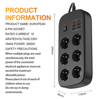 Regleta de alimentación Europea personalizable OL, enchufes de múltiples salidas con 6 agujeros y 6 puertos USB Power King Extension