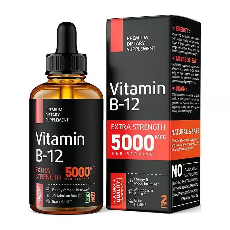 Vitamina B12 Sublingual Vegan 2 FlOz metilcobalamina B12 vitamine 5000 mcg B12 liquido gusto ciliegia personalizzazione OEM