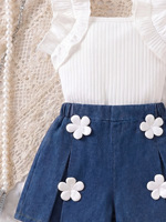 Europese en Amerikaanse mode geruite top + 3D bloemen gewassen jeans shorts meisjes kledingset voor de zomer