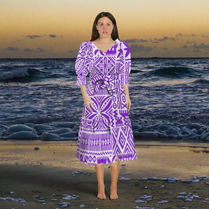 Vestidos Midi de Verano con Cuello Asimétrico para Mujer y Camisas Hawaianas a Juego para Hombre, con Estampado Tapa Samoano Azul Rey, Estilo Modesto OEM para Parejas - Product Image 3