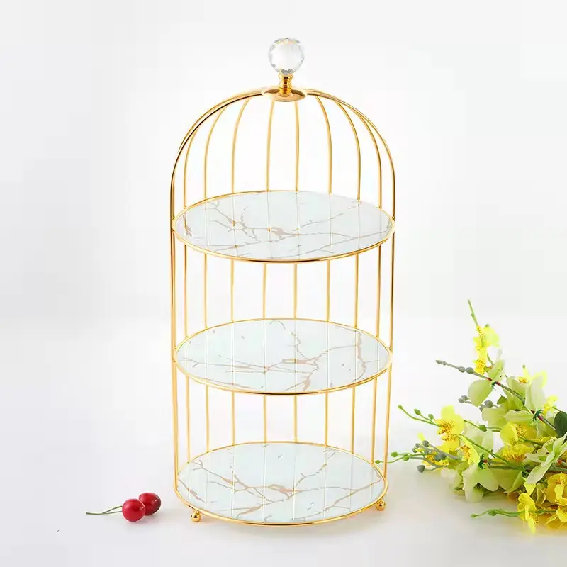 New Design Afternoon 3 Tier 2 Tier High Tea Cake Stand Golden Metal Birdcage Rack Wedding Marble Cake Stand