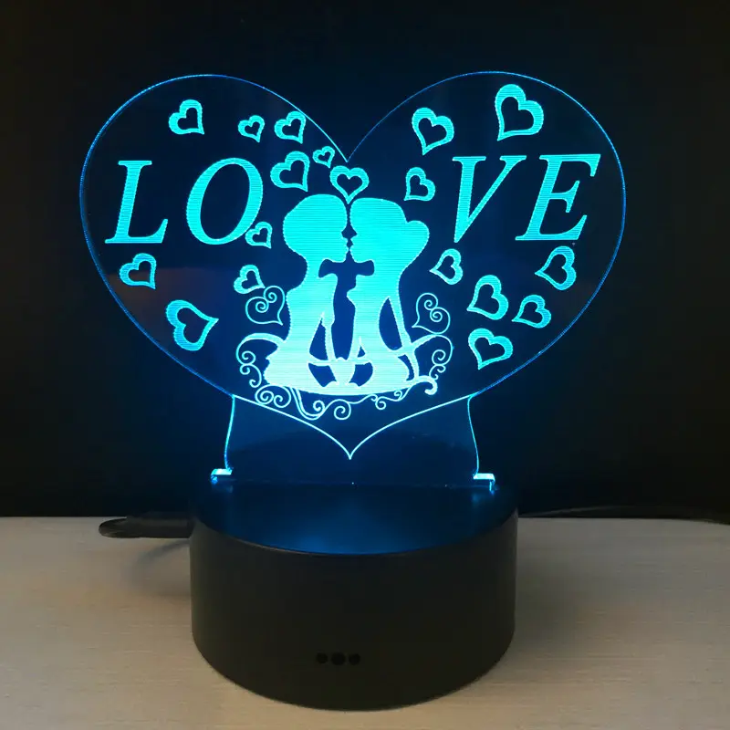 रंगीन 3D दीपक प्रेमी शैली प्यार दिल के आकार का एलईडी रात veilleuse बेडरूम प्रकाश भ्रम दीपक के लिए वेलेंटाइन उपहार