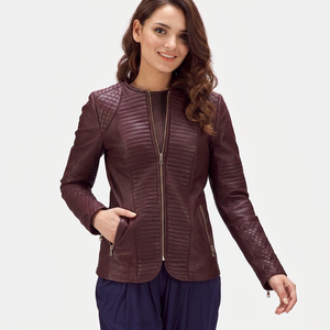 Nuevas Chaquetas de Cuero para Mujer, Elegantes, Color Borgoña, de Piel de Oveja Genuina, Tejidas, Acolchadas, Transpirables, Impermeables y Ecológicas para Invierno - Product Image 1