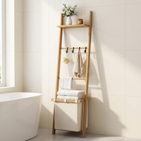 Panier à linge 3-en-1 en bambou inclinable avec étagère de rangement et barres porte-serviettes – Organisateur de panier à linge peu encombrant