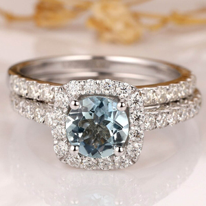 Ensemble de bagues de fiançailles et de mariage pour femmes, design tendance, bijoux en argent 925, aquamarine naturelle ronde, halo CZ, cadeau d'anniversaire - Product Image 6