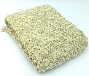 Couverture à carreaux tissée à la machine à pompon de mode acrylique, avec frange, stock en couleur blanc et camel - Product Image 1