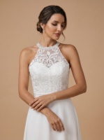 Gaun Pengantin Mewah untuk Upacara Pernikahan, Gaun Ball Gown Berhias Kristal, Kerah Halter Tanpa Lengan, Gaun Pengantin Warna Ivory Custom